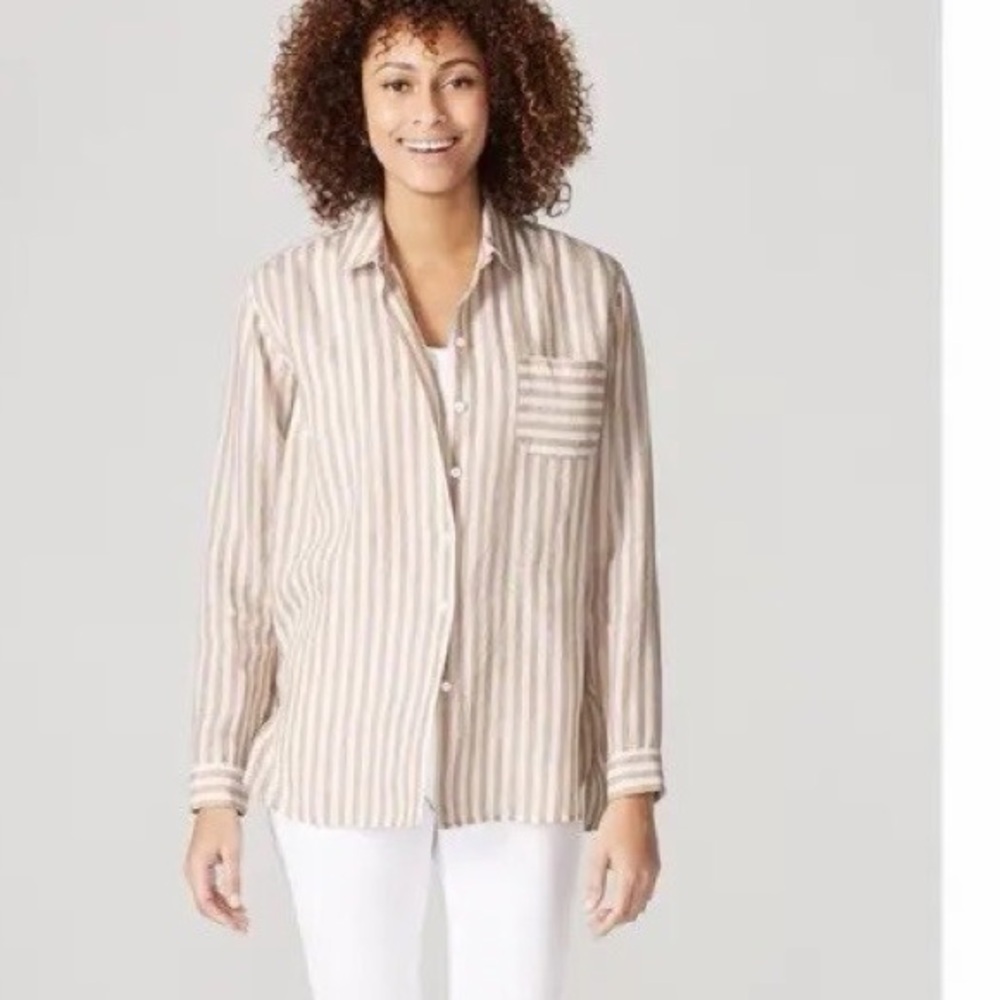 J. Jill Tan Striped Love Cotton Shirt Shirt L